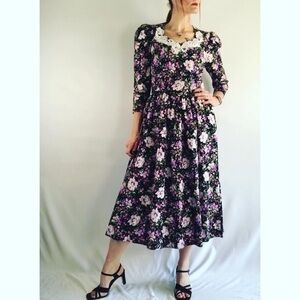 Vintage Disorderly Conduct Black Floral Midi Dress